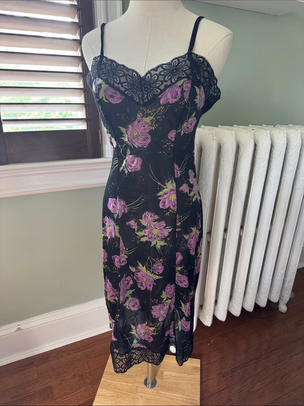 Vintage Black Slip Dress with Purple Floral Print
